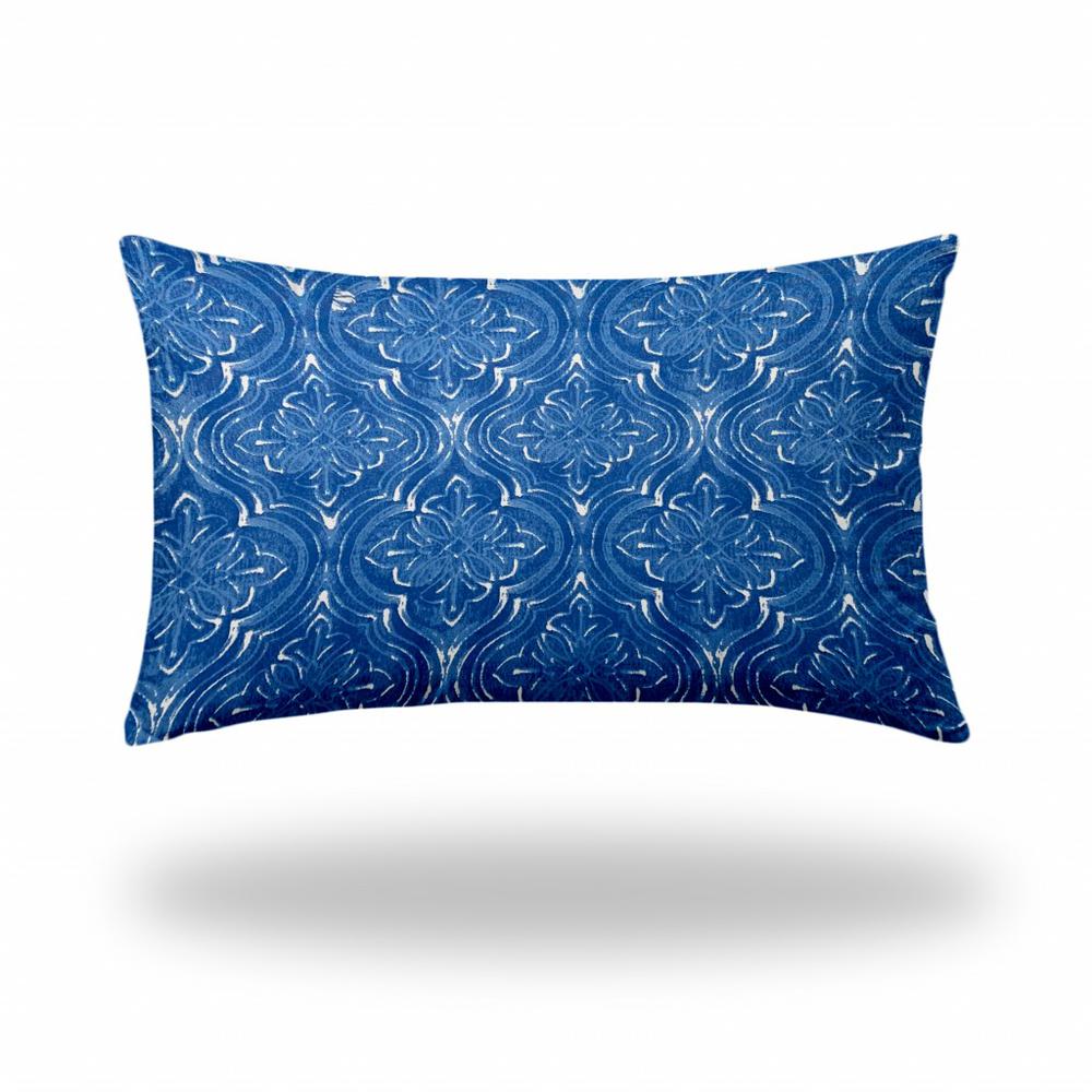 16" X 26" Blue And White Zippered Ikat Lumbar Indoor Outdoor Pillow. Picture 1