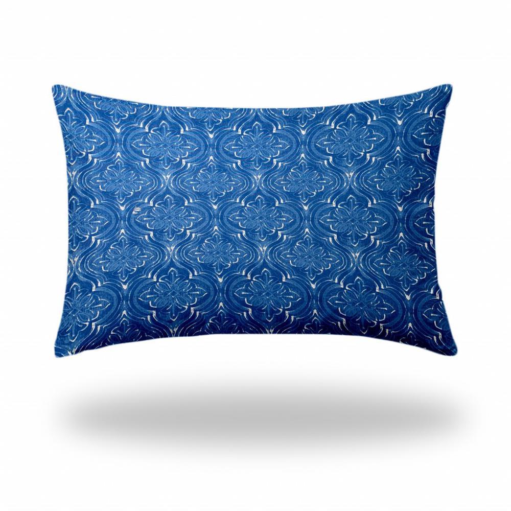 24" X 36" Blue And White Zippered Ikat Lumbar Indoor Outdoor Pillow Cover. Picture 1