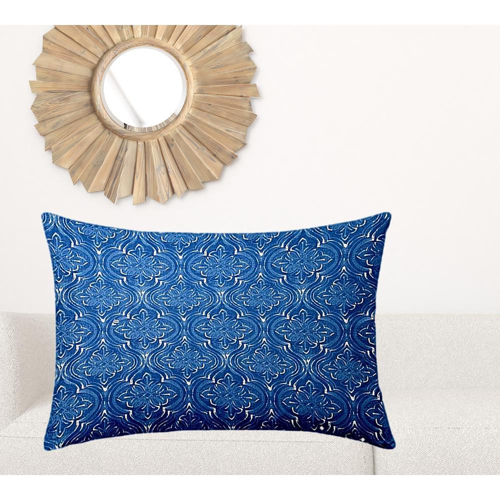 24" X 36" Blue And White Zippered Ikat Lumbar Indoor Outdoor Pillow Cover. Picture 2