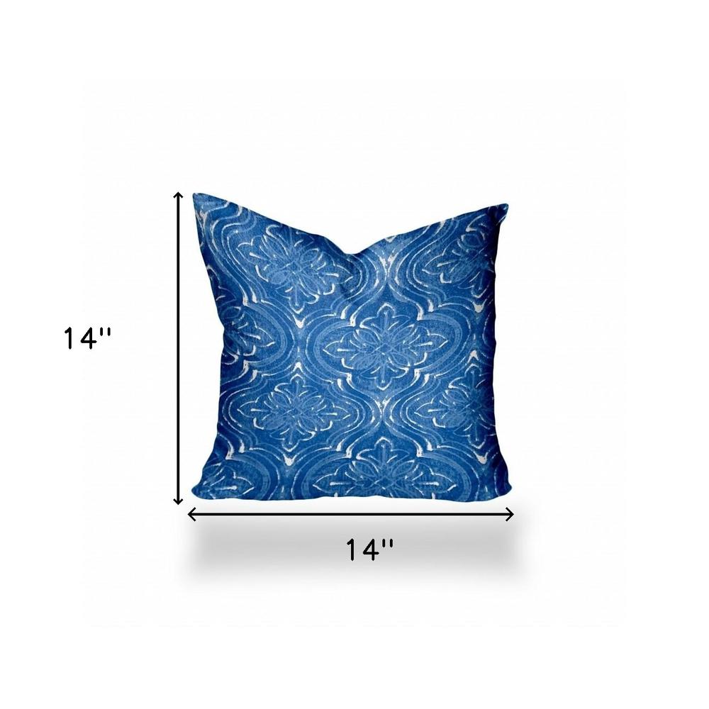 14" X 14" Blue And White Enveloped Ikat Throw Indoor Outdoor Pillow Cover. Picture 4