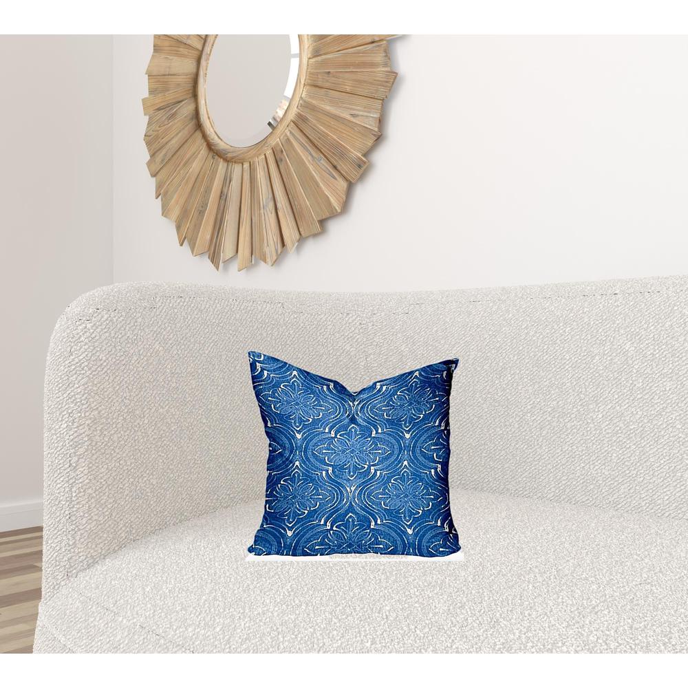 16" X 16" Blue And White Enveloped Ikat Throw Indoor Outdoor Pillow Cover. Picture 2