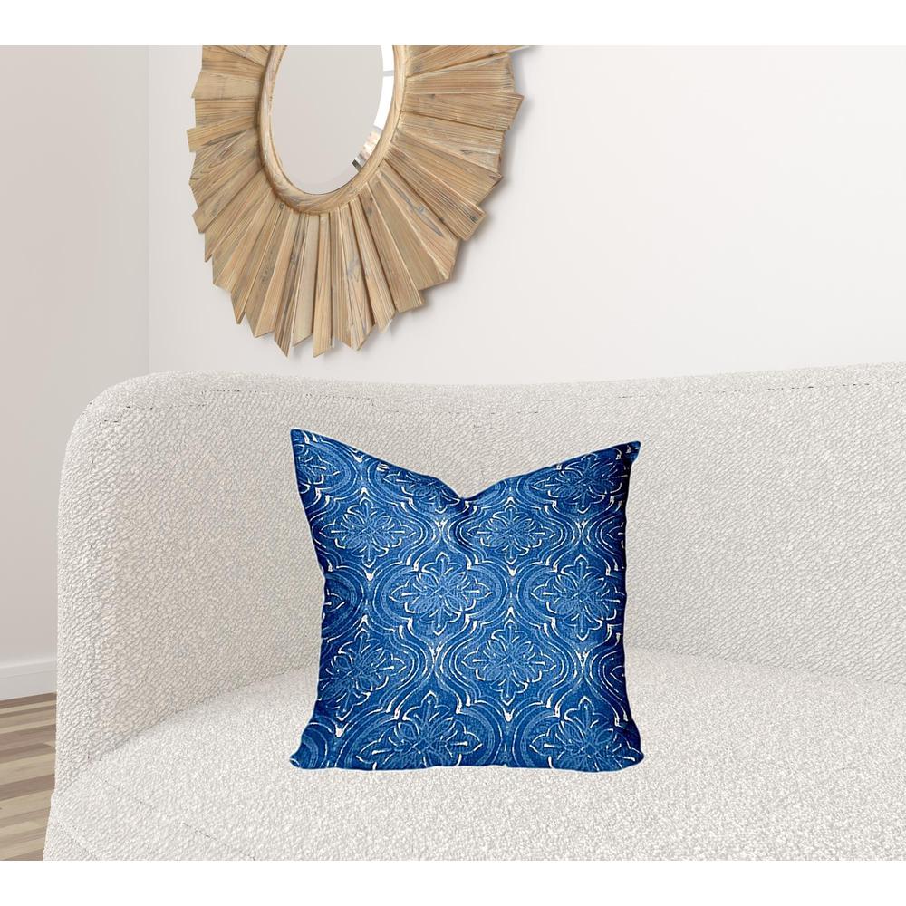 20" X 20" Blue And White Enveloped Ikat Throw Indoor Outdoor Pillow Cover. Picture 2