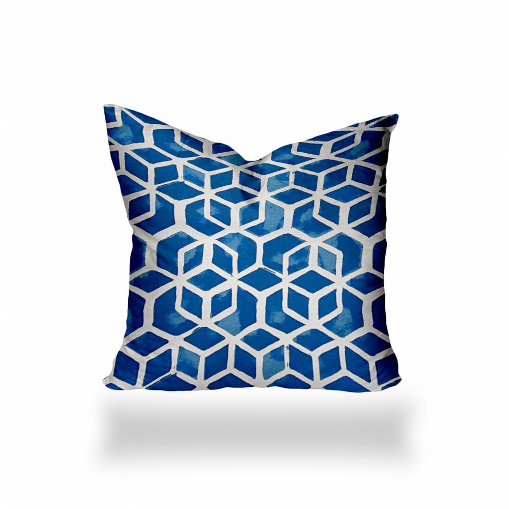 16" X 16" Blue And White Enveloped Geometric Throw Indoor Outdoor Pillow. Picture 1