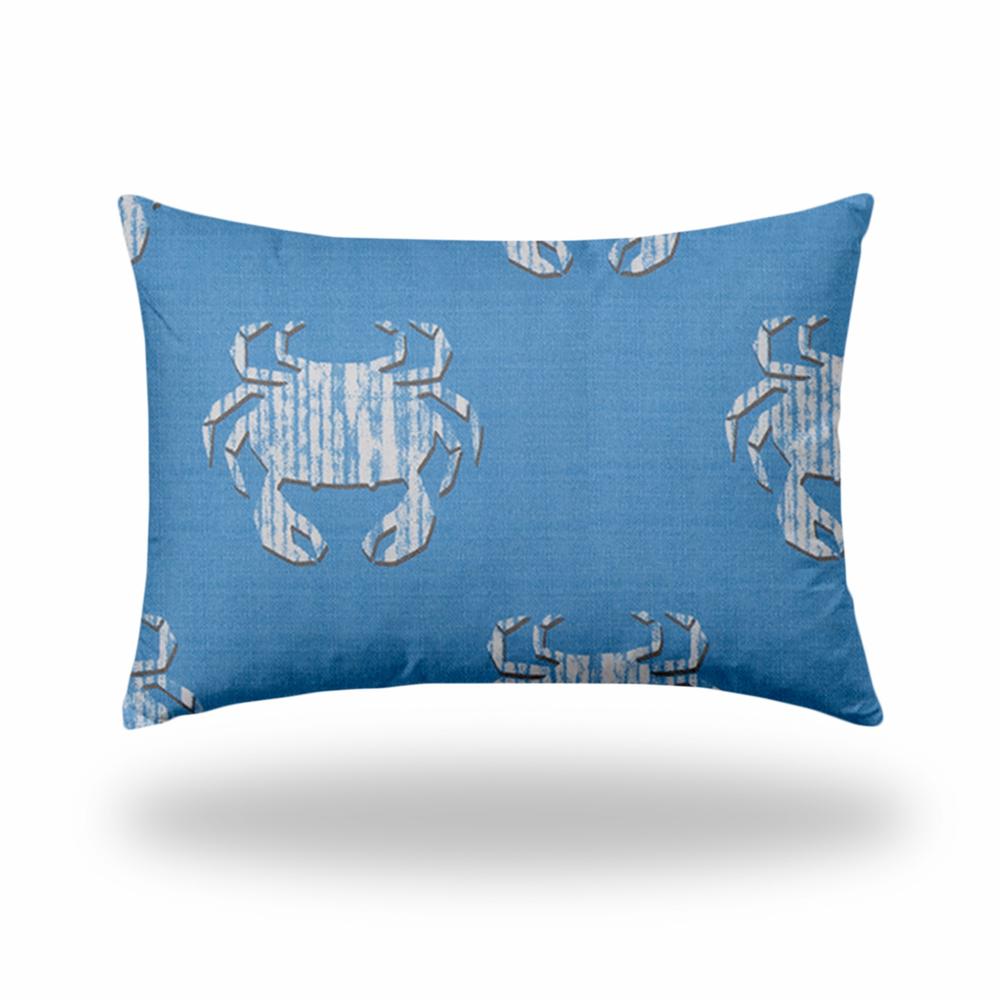 14" X 20" Blue And White Crab Blown Seam Coastal Lumbar Indoor Outdoor Pillow. Picture 1