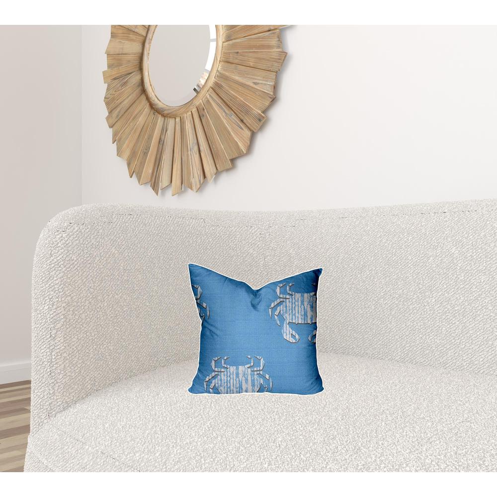 14" X 14" Blue And White Crab Blown Seam Coastal Throw Indoor Outdoor Pillow. Picture 2