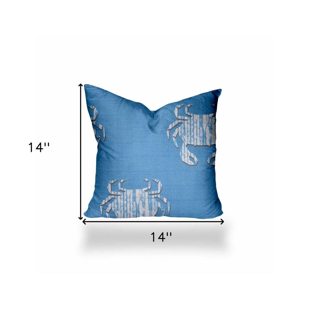14" X 14" Blue And White Crab Blown Seam Coastal Throw Indoor Outdoor Pillow. Picture 4