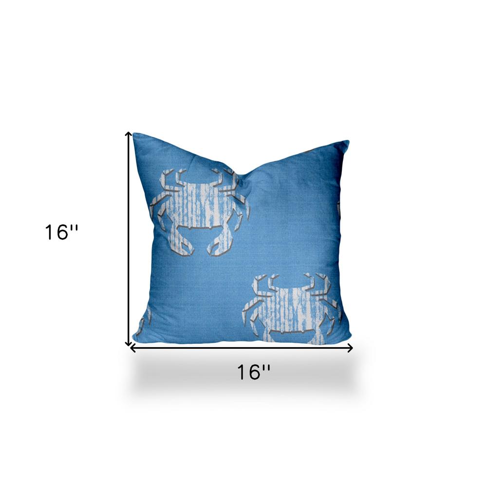 16" X 16" Blue And White Crab Enveloped Coastal Throw Indoor Outdoor Pillow. Picture 4