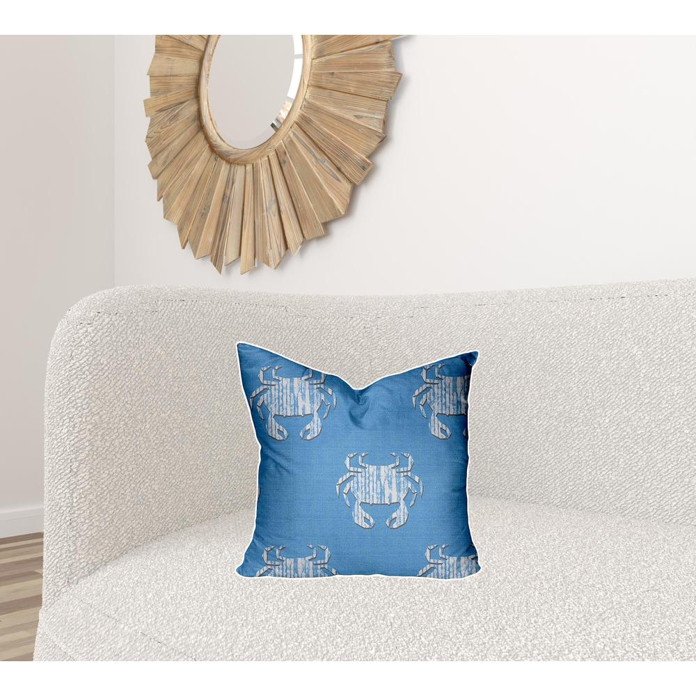 18" X 18" Blue And White Crab Enveloped Coastal Throw Indoor Outdoor Pillow. Picture 2