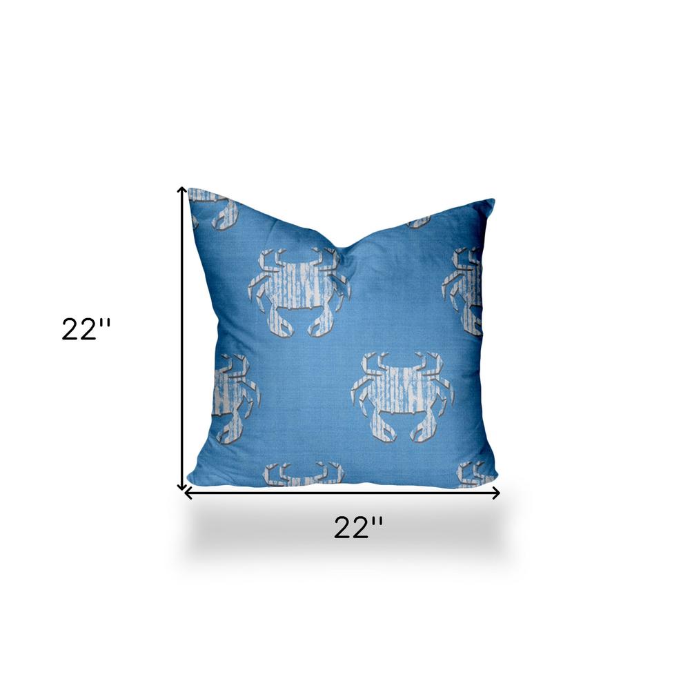 22" X 22" Blue, White Crab Enveloped Coastal Throw Indoor Outdoor Pillow Cover. Picture 4