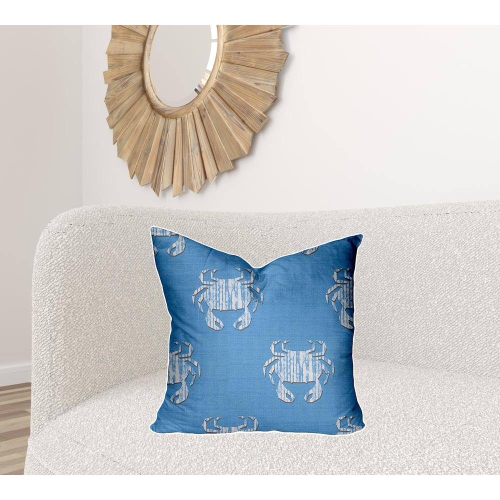22" X 22" Blue, White Crab Enveloped Coastal Throw Indoor Outdoor Pillow Cover. Picture 2