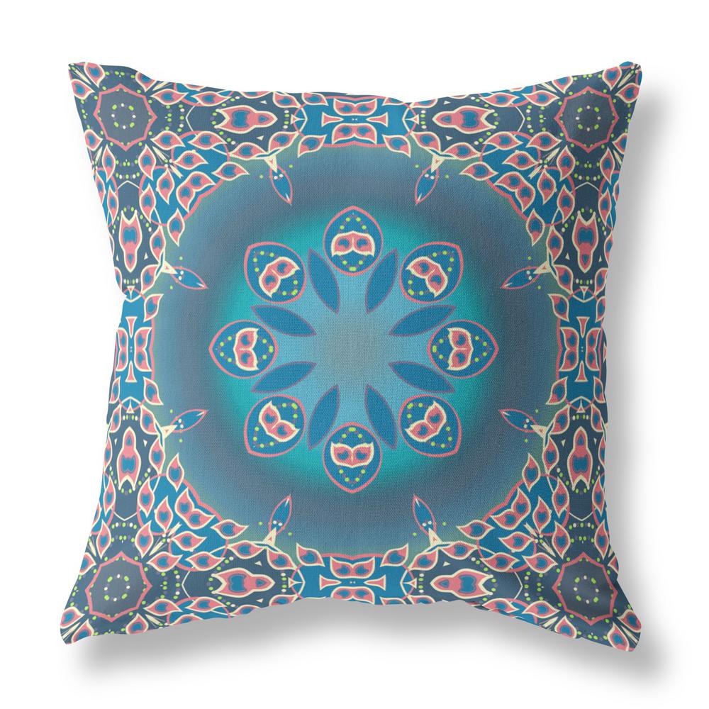 16” Blue Pink Jewel Indoor Outdoor Zippered Throw Pillow. Picture 1