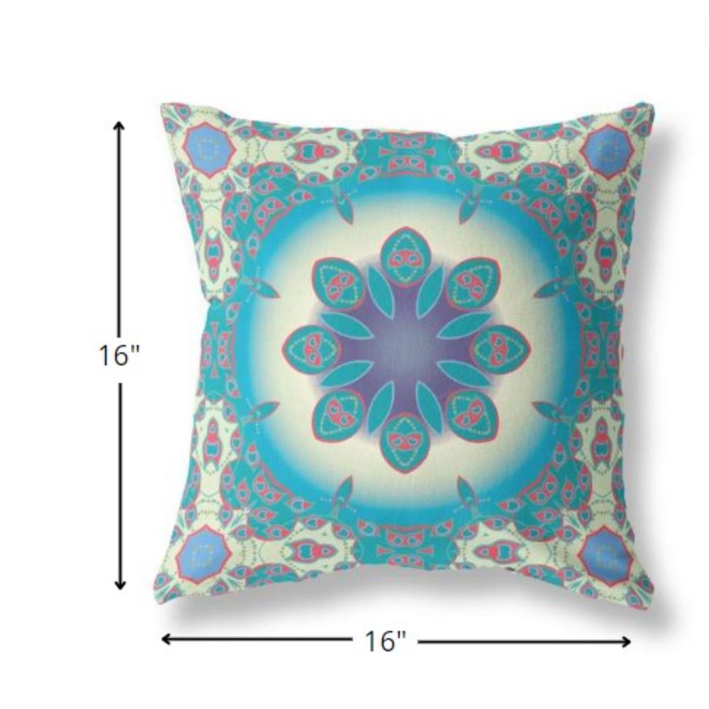 16” Blue Cream Jewel Indoor Outdoor Zippered Throw Pillow. Picture 1