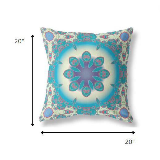 20” Blue Cream Jewel Indoor Outdoor Zippered Throw Pillow. Picture 1