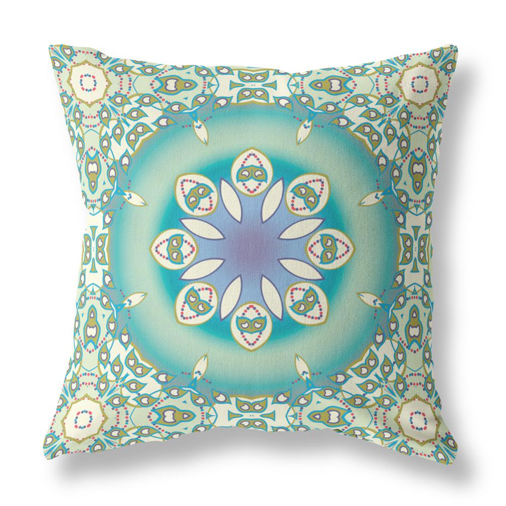 16” Turquoise Olive Jewel Indoor Outdoor Zippered Throw Pillow. Picture 1