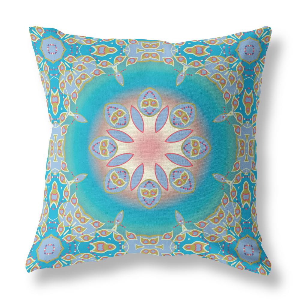 26” Blue Gold Jewel Indoor Outdoor Zippered Throw Pillow. Picture 1