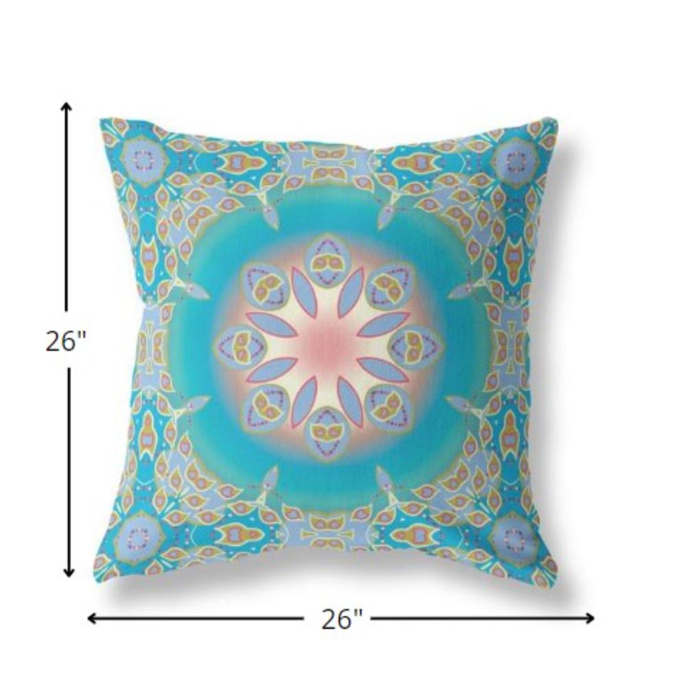26” Blue Gold Jewel Indoor Outdoor Zippered Throw Pillow. Picture 5