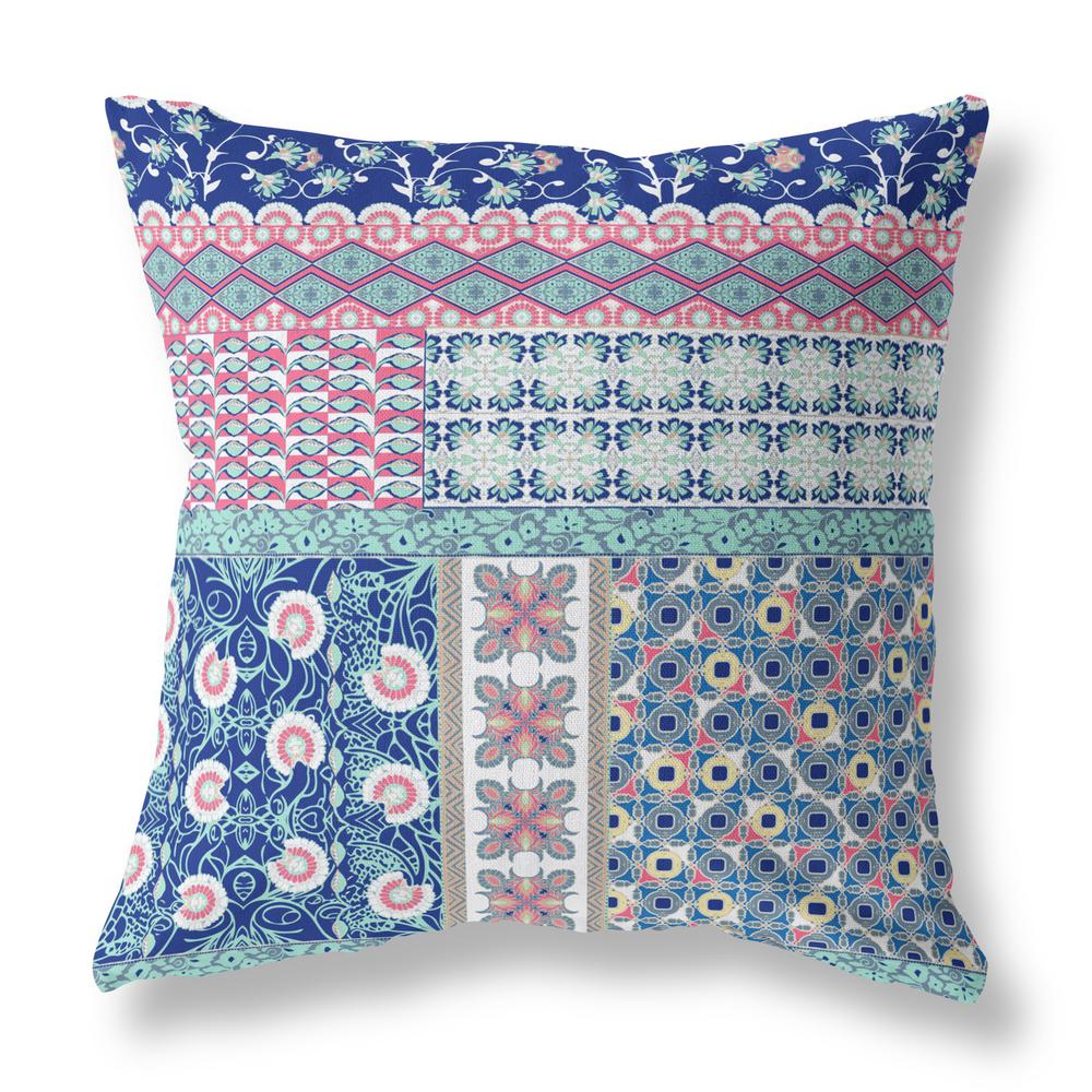 20” Blue Pink Patch Indoor Outdoor Zippered Throw Pillow. Picture 1