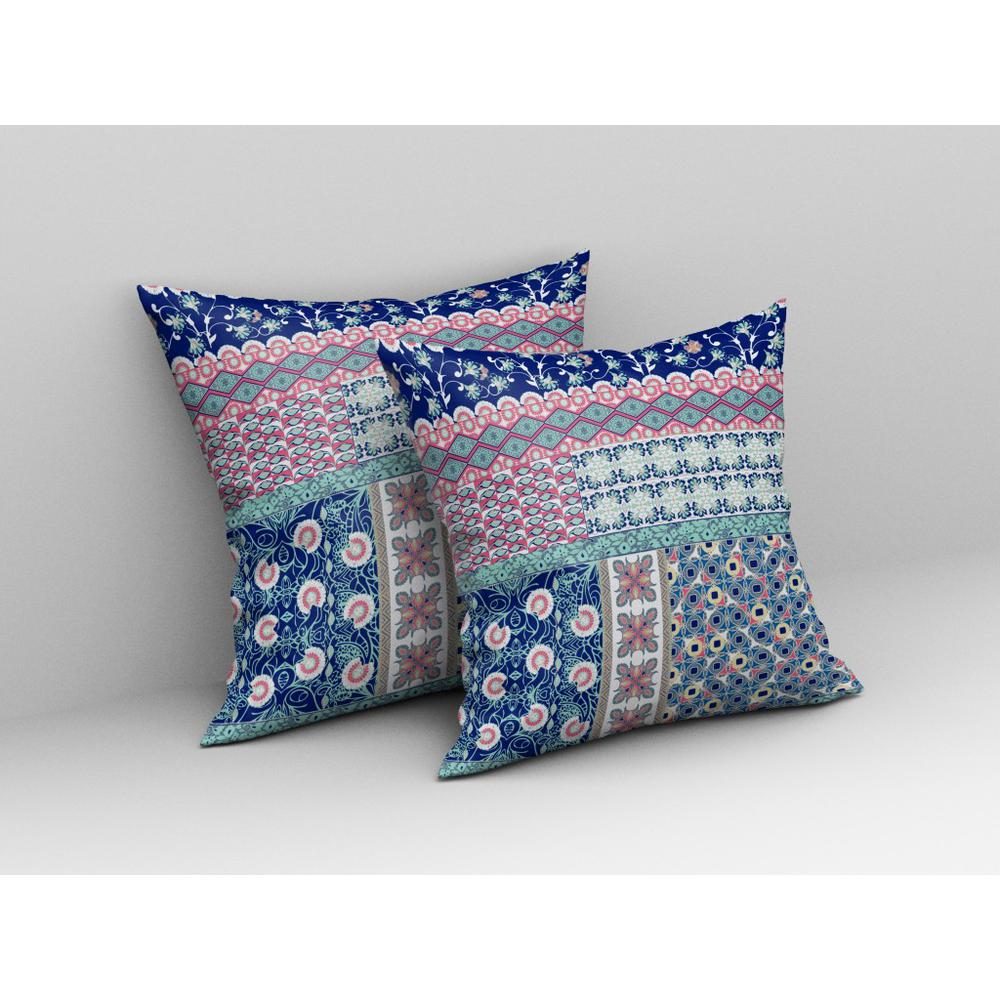 20” Blue Pink Patch Indoor Outdoor Zippered Throw Pillow. Picture 3