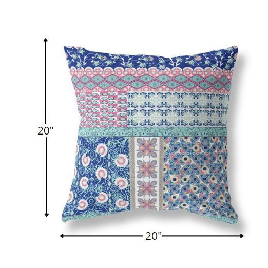 20” Blue Pink Patch Indoor Outdoor Zippered Throw Pillow. Picture 5