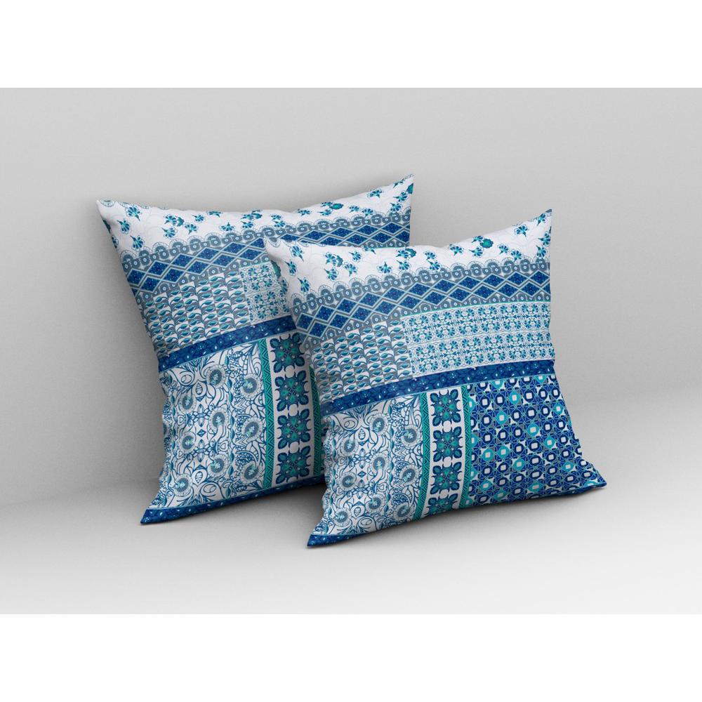 16” Blue White Patch Indoor Outdoor Zippered Throw Pillow. Picture 3