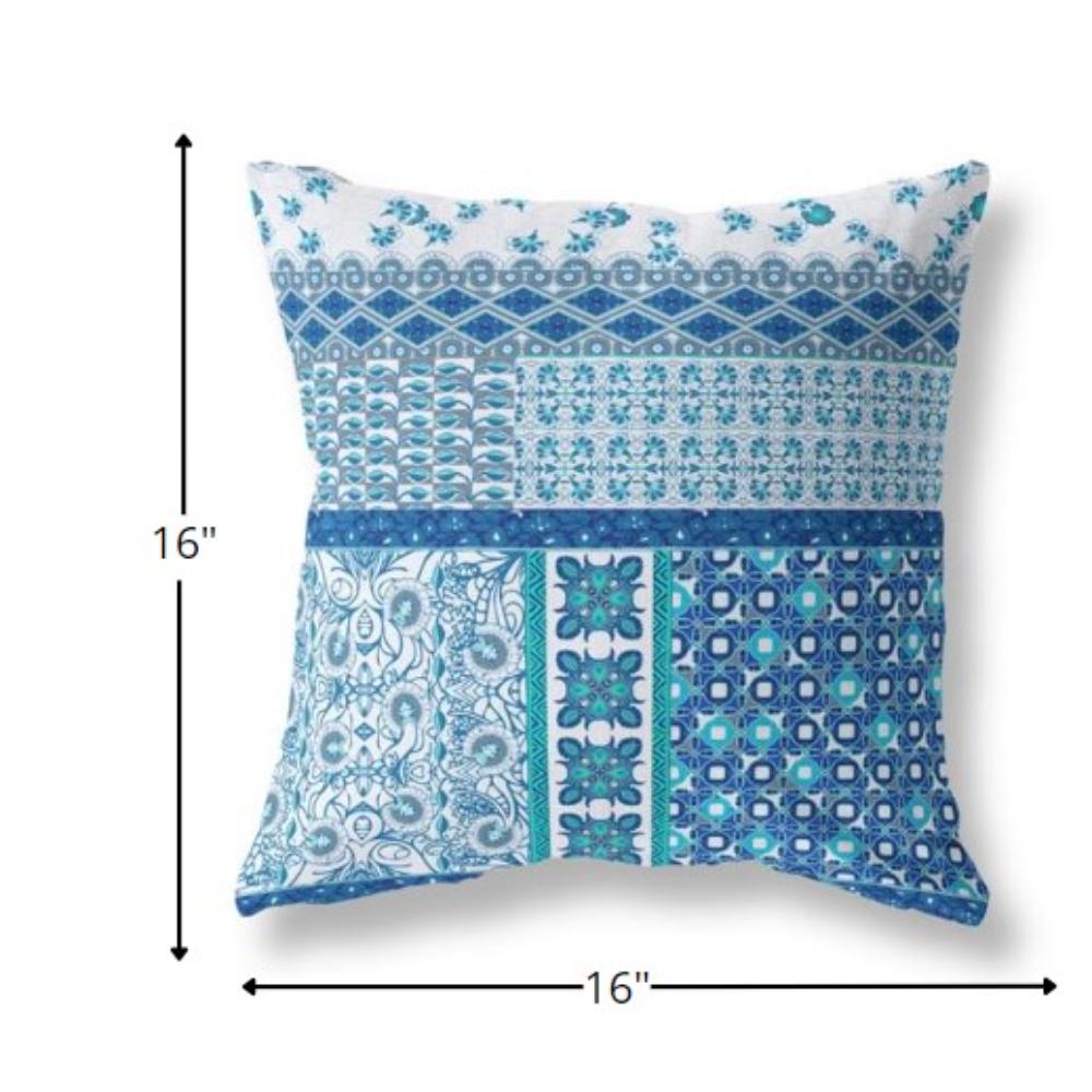 16” Blue White Patch Indoor Outdoor Zippered Throw Pillow. Picture 5