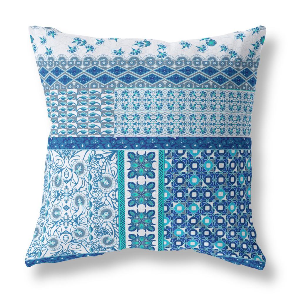 20” Blue White Patch Indoor Outdoor Zippered Throw Pillow. Picture 1