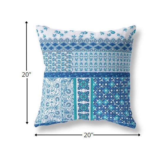 20” Blue White Patch Indoor Outdoor Zippered Throw Pillow. Picture 5