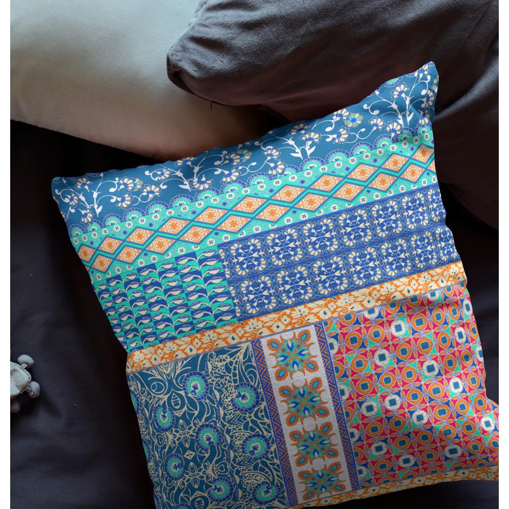 16” Blue Orange Patch Indoor Outdoor Zippered Throw Pillow. Picture 4