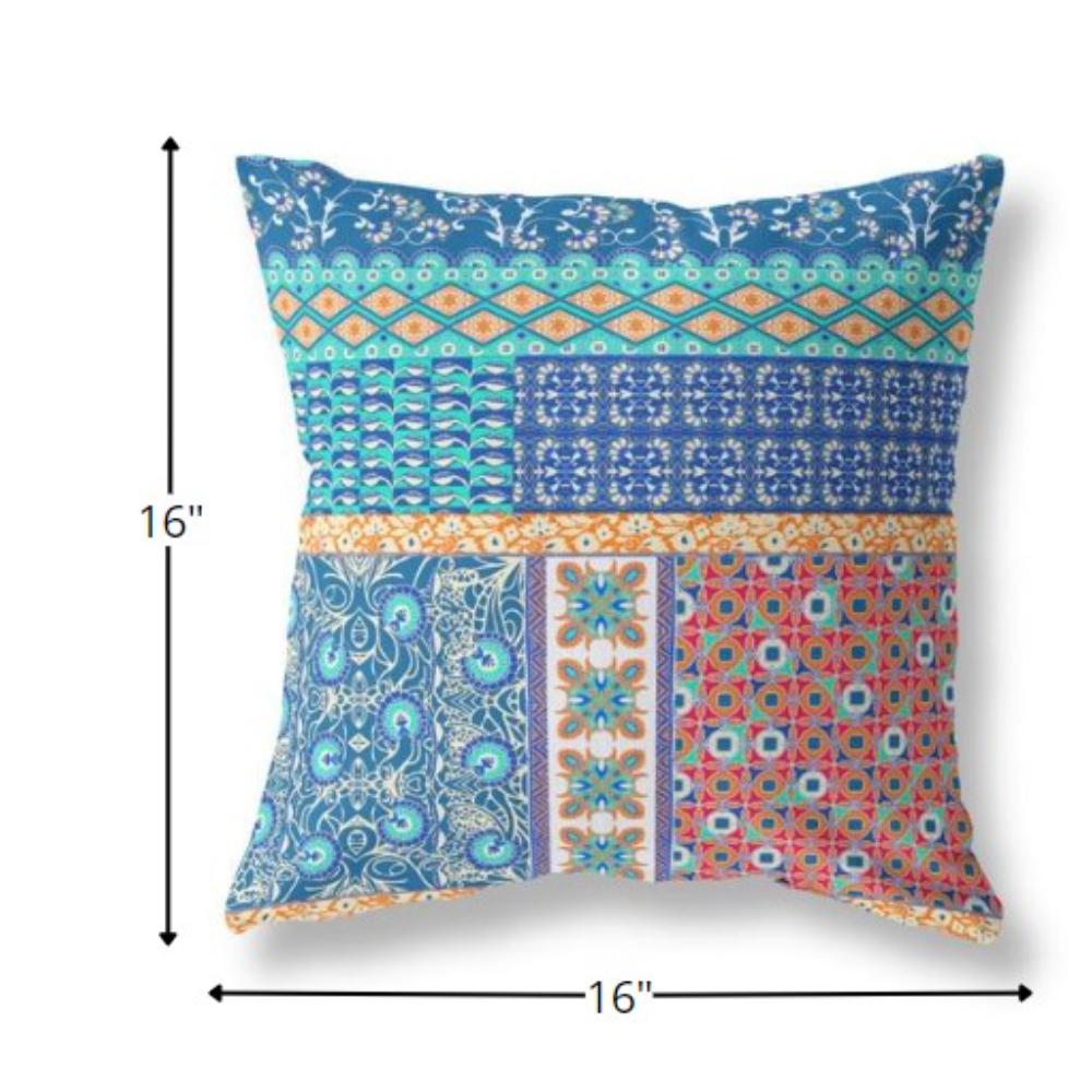 16” Blue Orange Patch Indoor Outdoor Zippered Throw Pillow. Picture 5