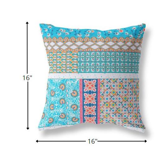 16” Turquoise White Patch Indoor Outdoor Zippered Throw Pillow. Picture 5