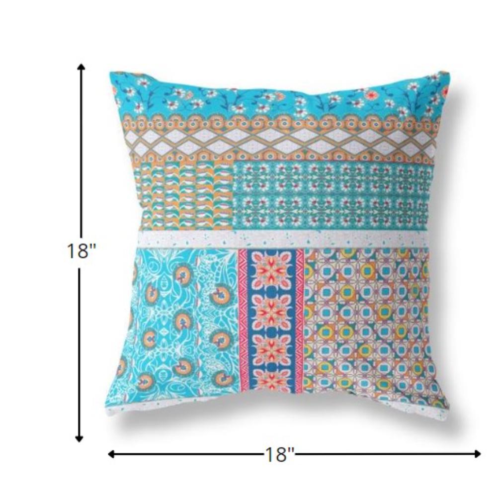 18” Turquoise White Patch Indoor Outdoor Zippered Throw Pillow. Picture 5