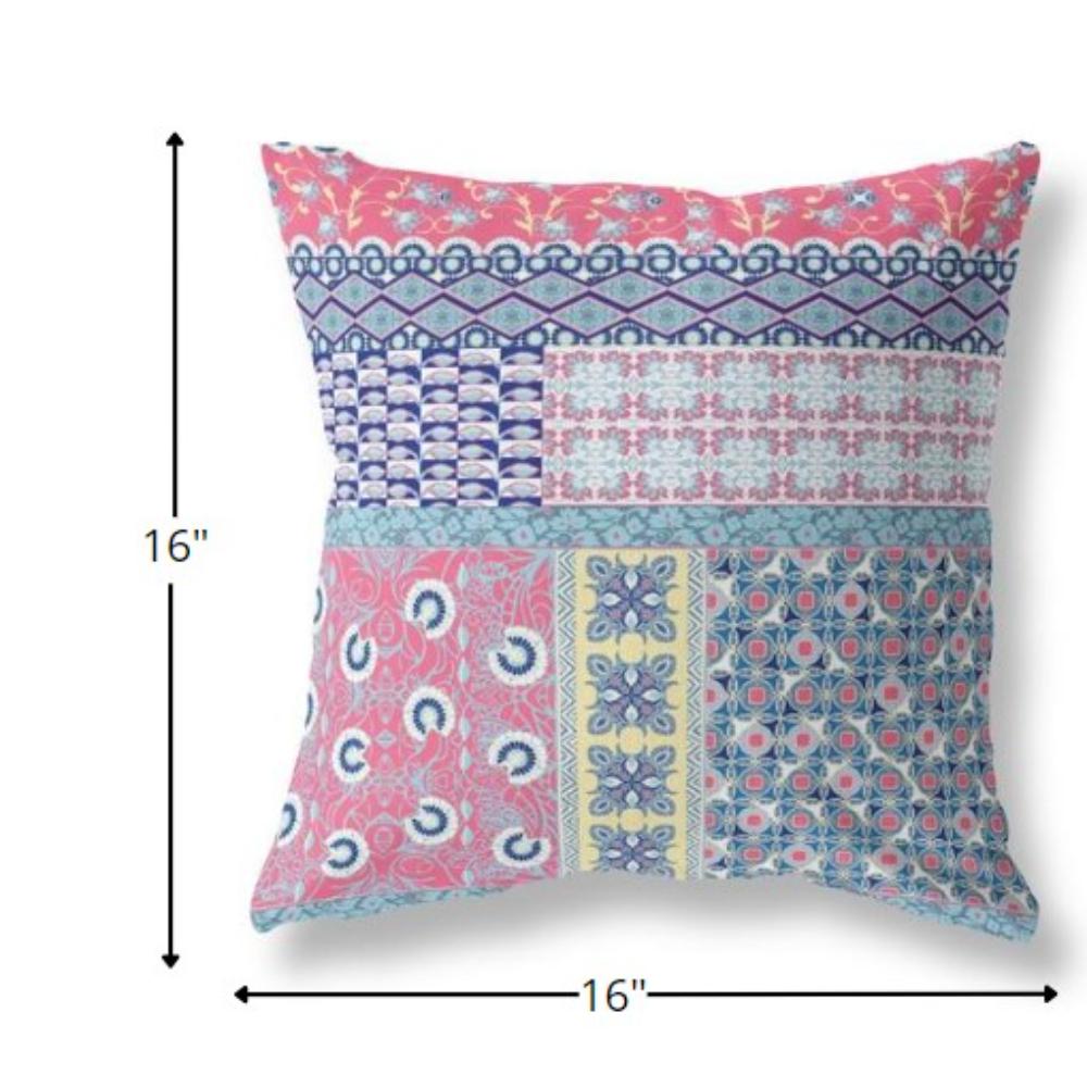 16” White Pink Patch Indoor Outdoor Zippered Throw Pillow. Picture 5