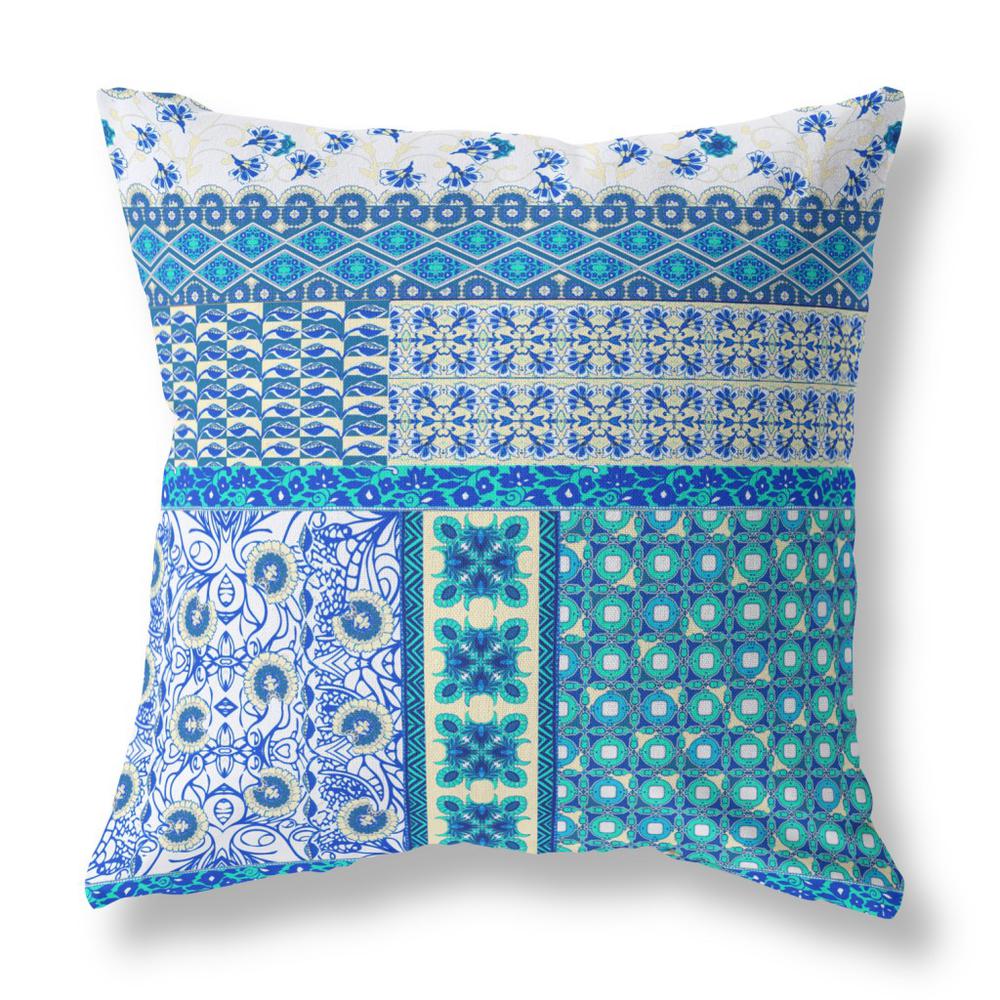 26” Turquoise Blue Patch Indoor Outdoor Zippered Throw Pillow. Picture 1