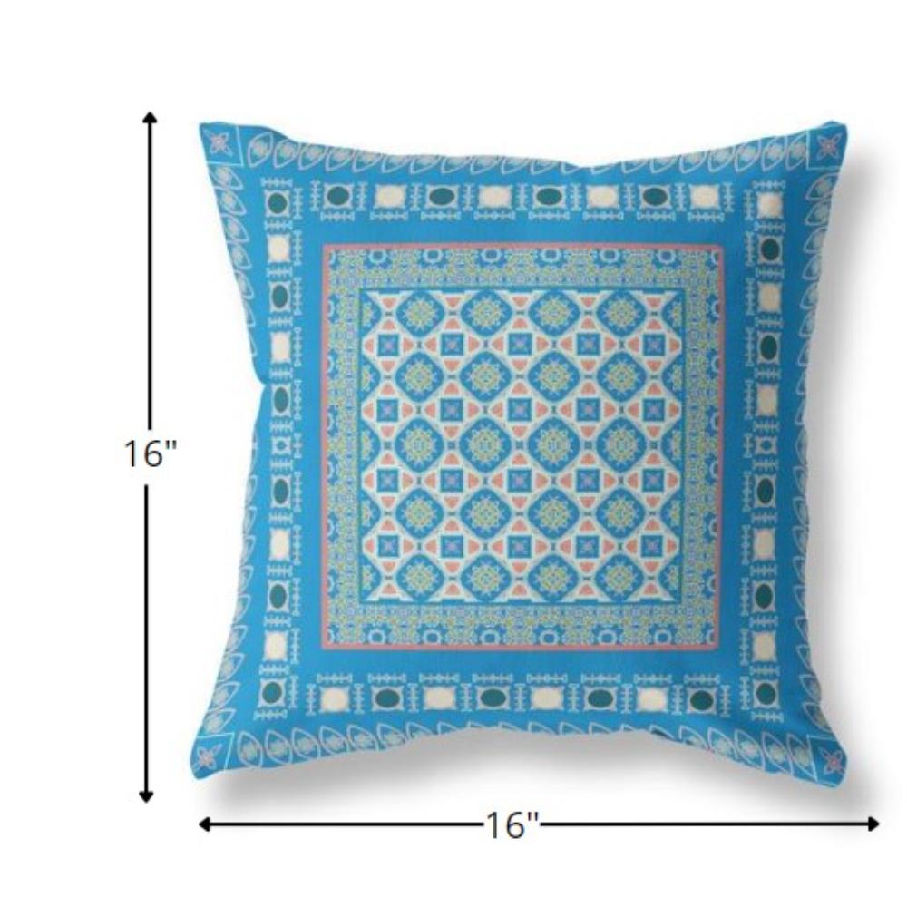 16” Blue Pink Block Indoor Outdoor Zippered Throw Pillow. Picture 4