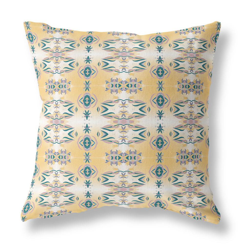 20” Tan Blue Patterned Indoor Outdoor Zippered Throw Pillow. Picture 1