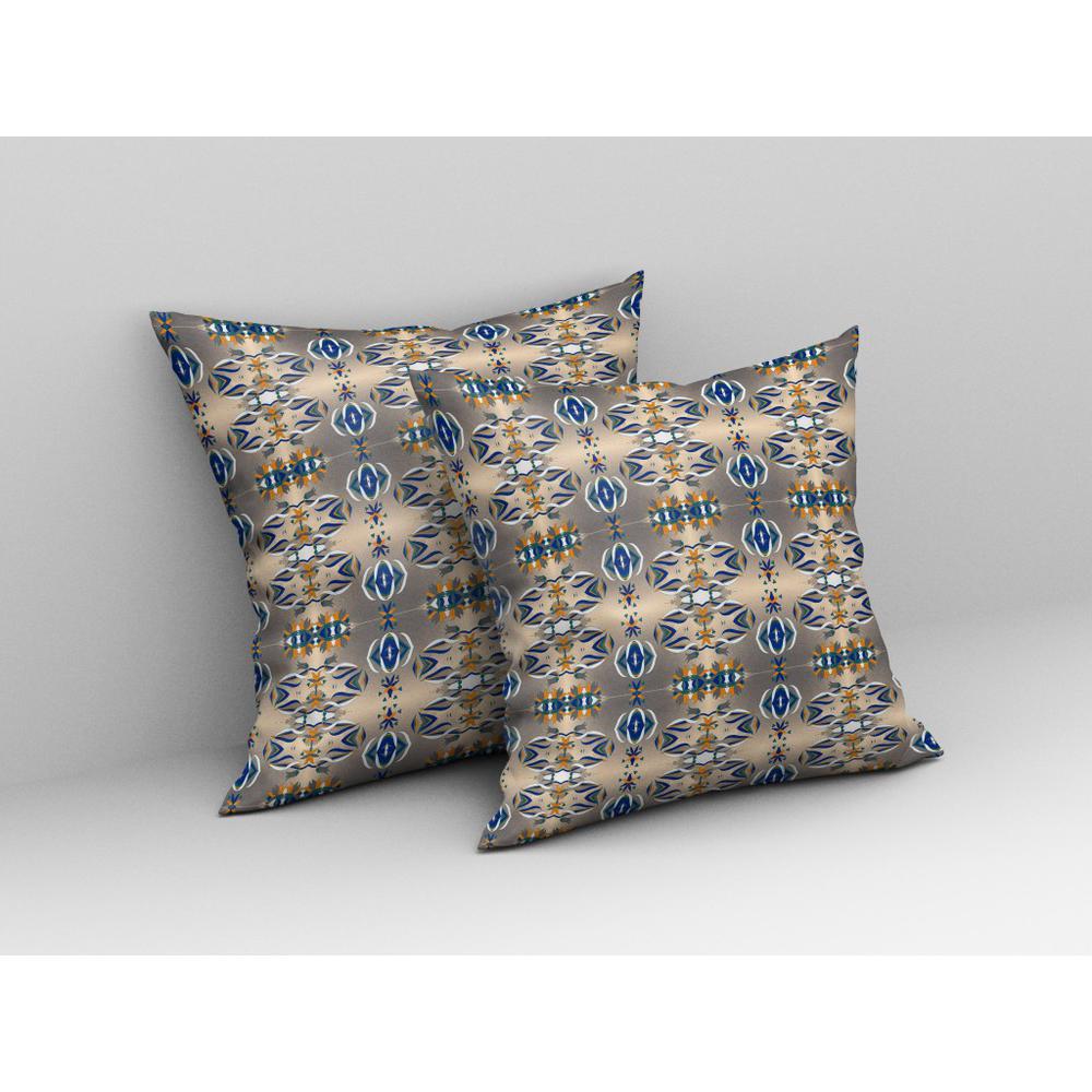 16” Brown Blue Patterned Indoor Outdoor Zippered Throw Pillow. Picture 3