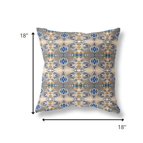 18” Brown Blue Patterned Indoor Outdoor Zippered Throw Pillow. Picture 5
