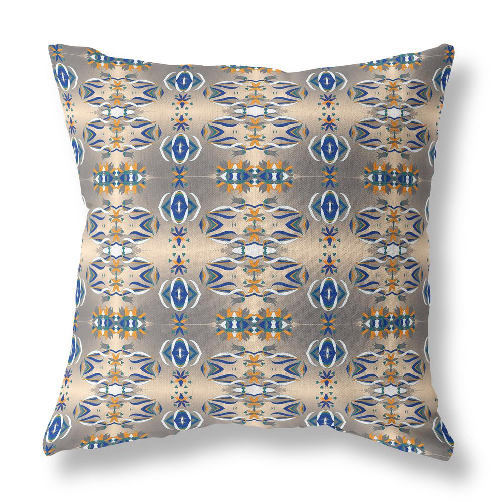 20” Brown Blue Patterned Indoor Outdoor Zippered Throw Pillow. Picture 1