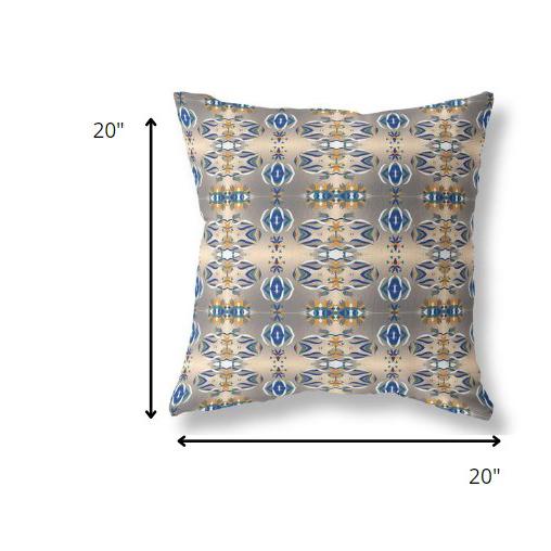 20” Brown Blue Patterned Indoor Outdoor Zippered Throw Pillow. Picture 5