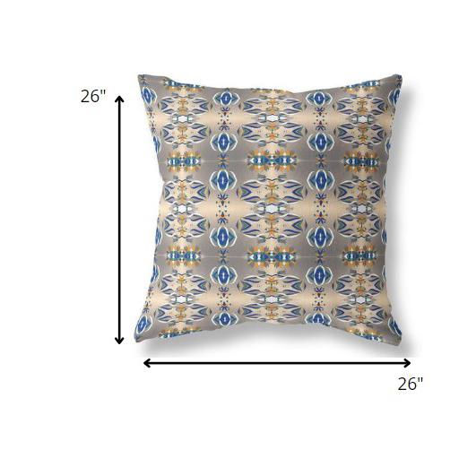 26” Brown Blue Patterned Indoor Outdoor Zippered Throw Pillow. Picture 5
