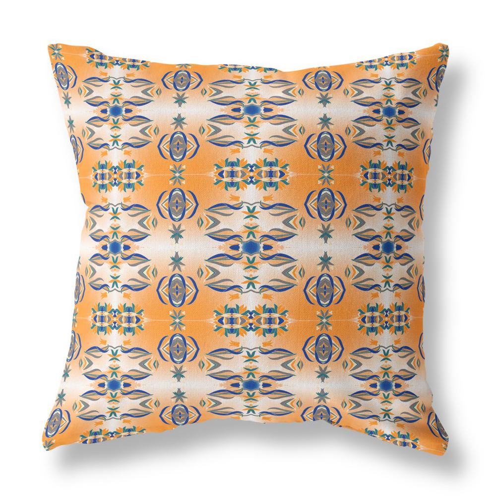 20” Orange Blue Patterned Indoor Outdoor Zippered Throw Pillow. Picture 1