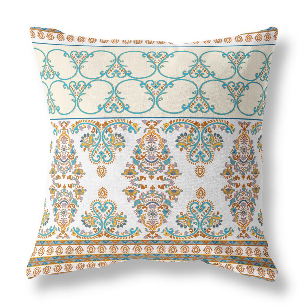 18" X 18" White And Blue Zippered Damask Indoor Outdoor Throw Pillow. Picture 3