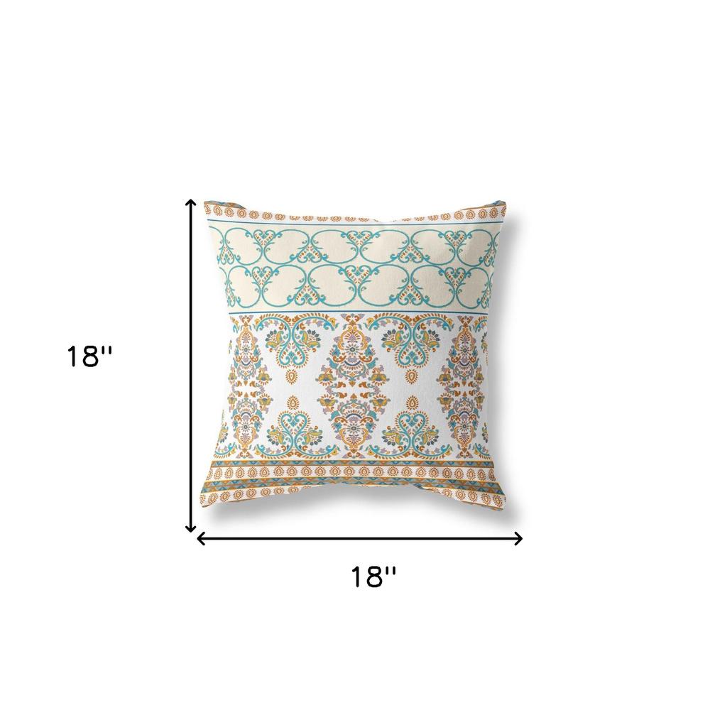 18" X 18" White And Blue Zippered Damask Indoor Outdoor Throw Pillow. Picture 6