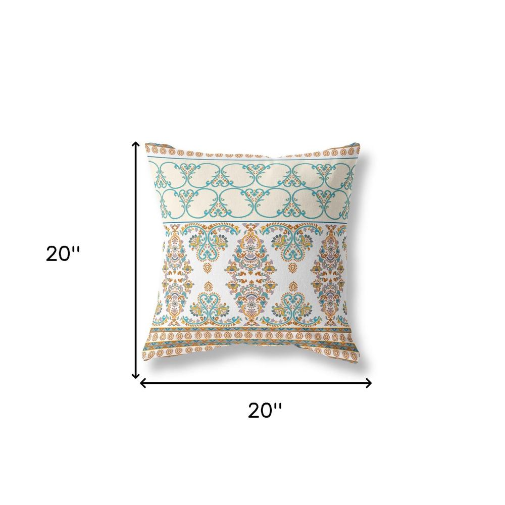 20" X 20" White And Blue Zippered Damask Indoor Outdoor Throw Pillow. Picture 6