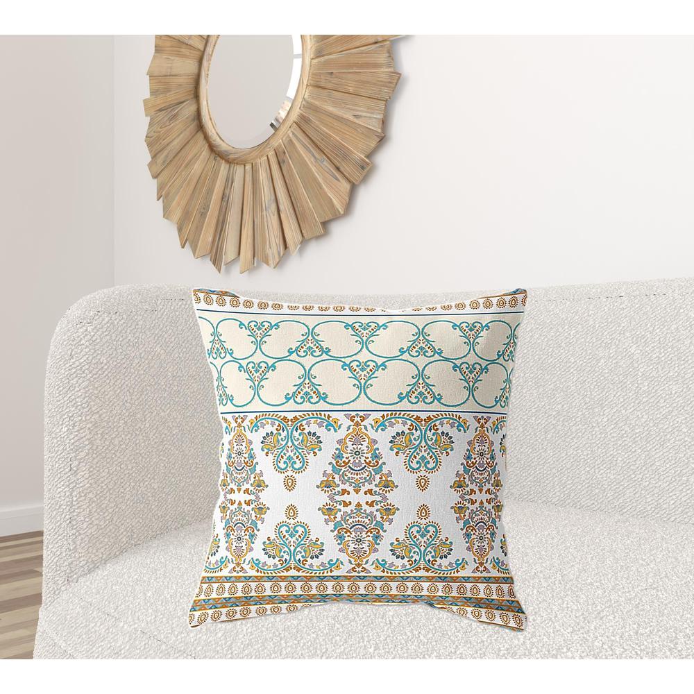 26"x26" White Teal Orange Zippered Broadcloth Damask Throw Pillow. Picture 2