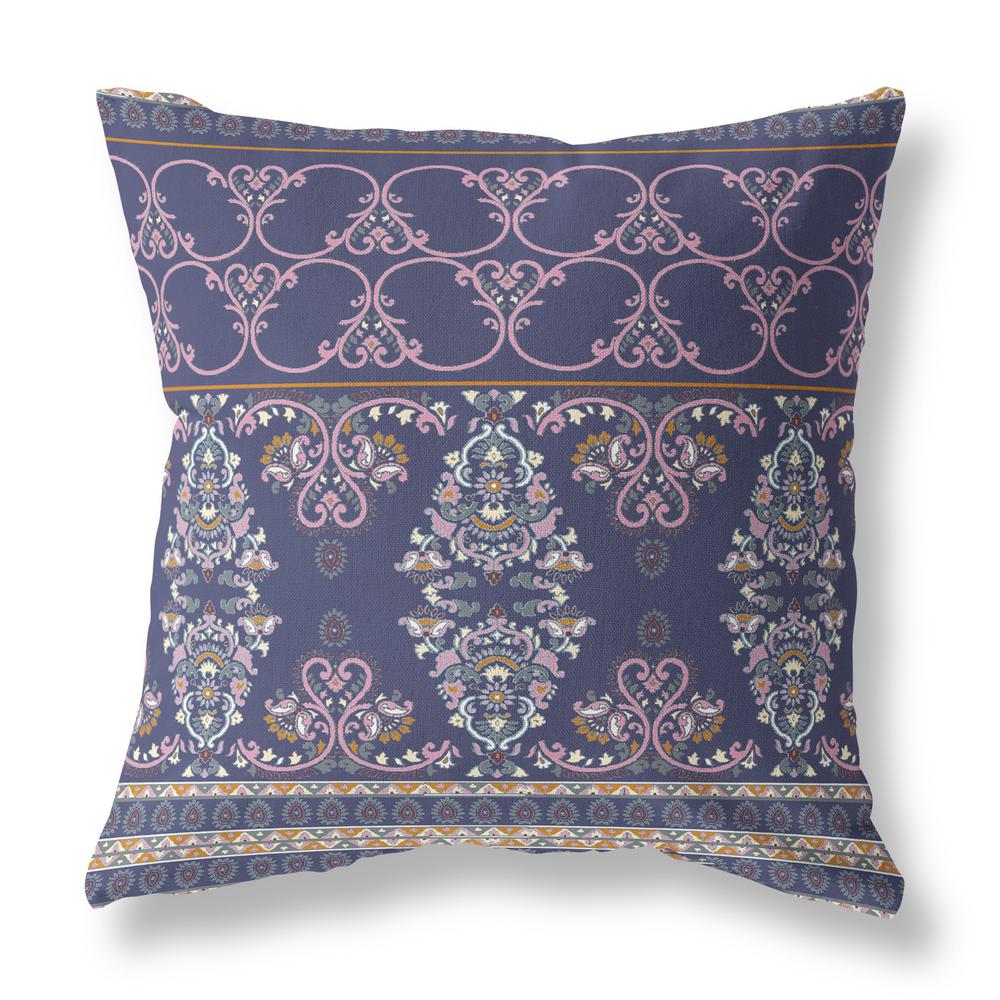 18" X 18" Blue And Pink Zippered Damask Indoor Outdoor Throw Pillow. Picture 3