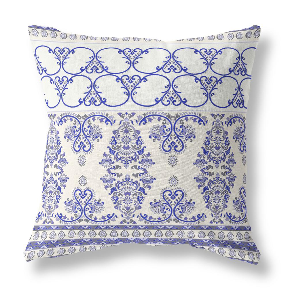 20" X 20" Off White And Blue Zippered Damask Indoor Outdoor Throw Pillow. Picture 3
