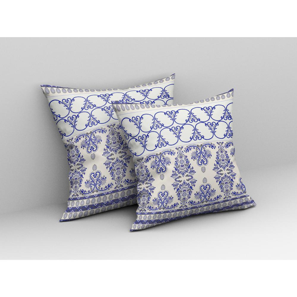 20" X 20" Off White And Blue Zippered Damask Indoor Outdoor Throw Pillow. Picture 4