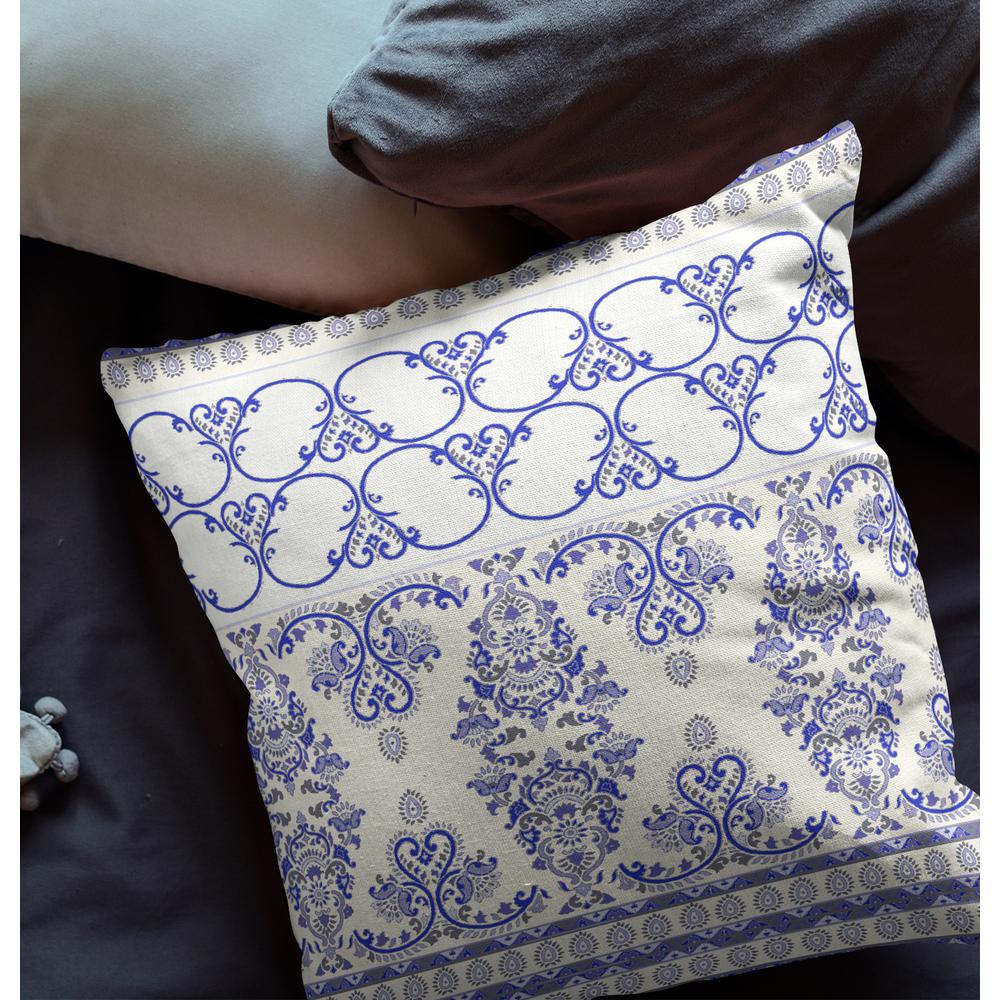 20" X 20" Off White And Blue Zippered Damask Indoor Outdoor Throw Pillow. Picture 5