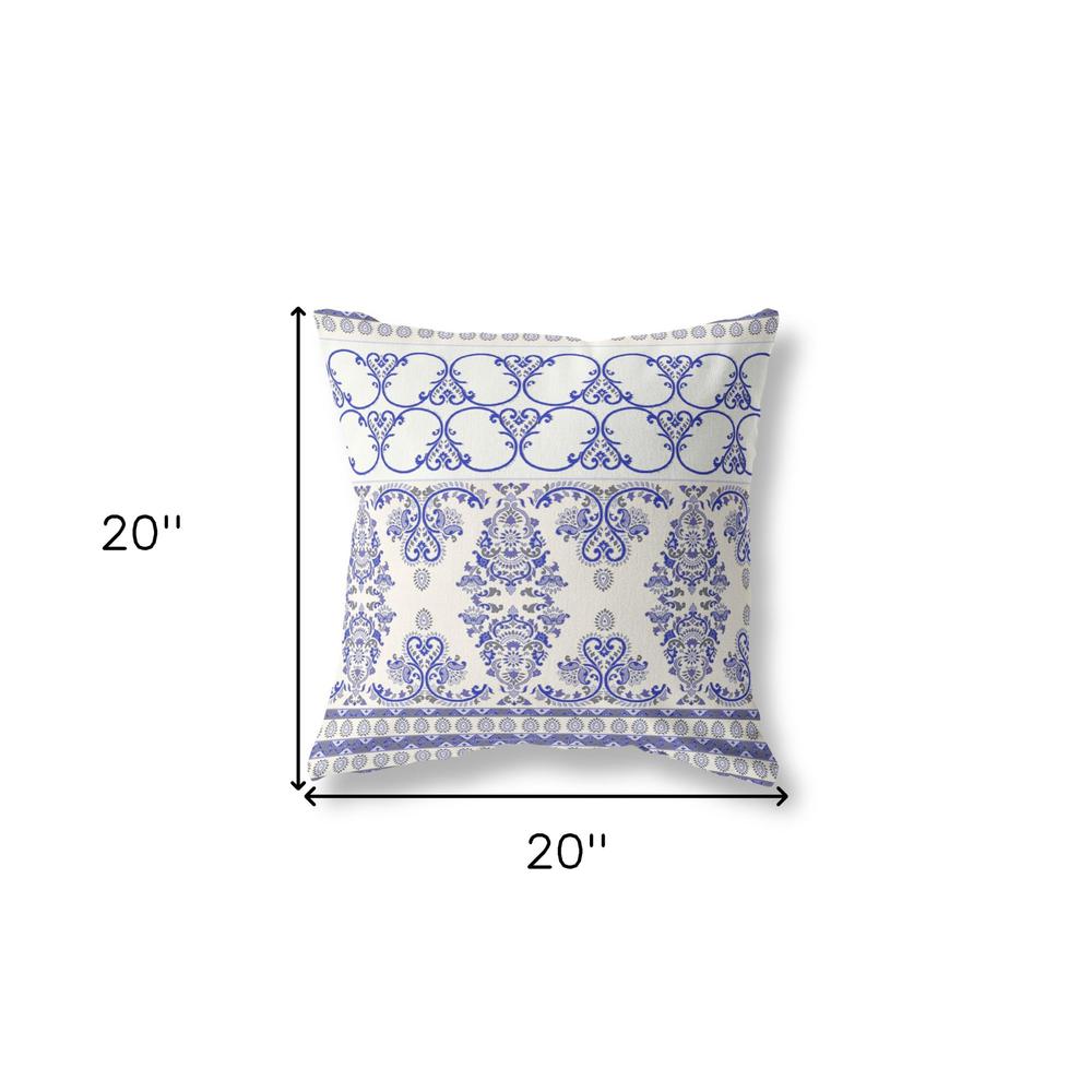 20" X 20" Off White And Blue Zippered Damask Indoor Outdoor Throw Pillow. Picture 6